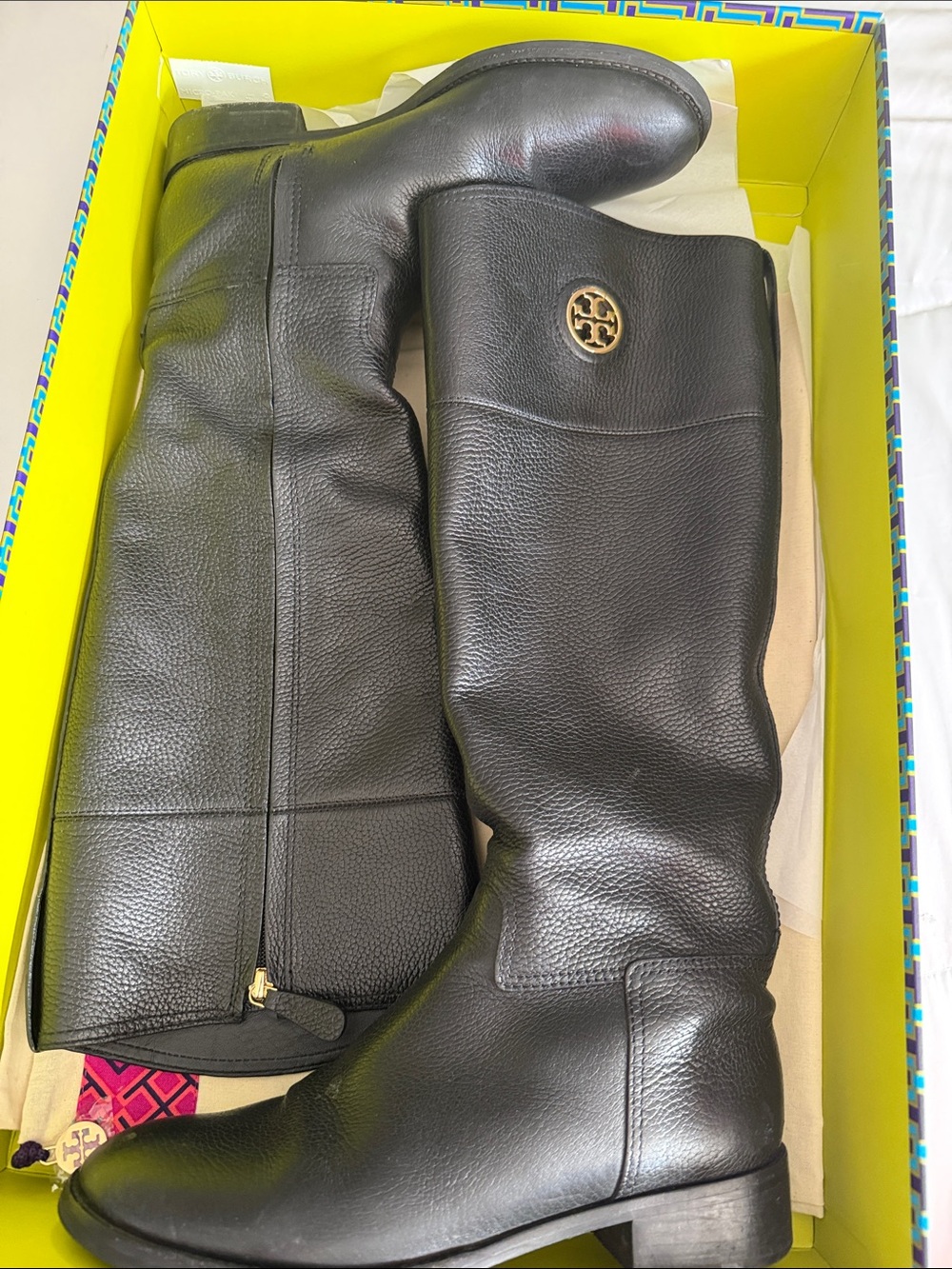 Tory Burch Black Leather Tall Riding Boots with Gold Logo